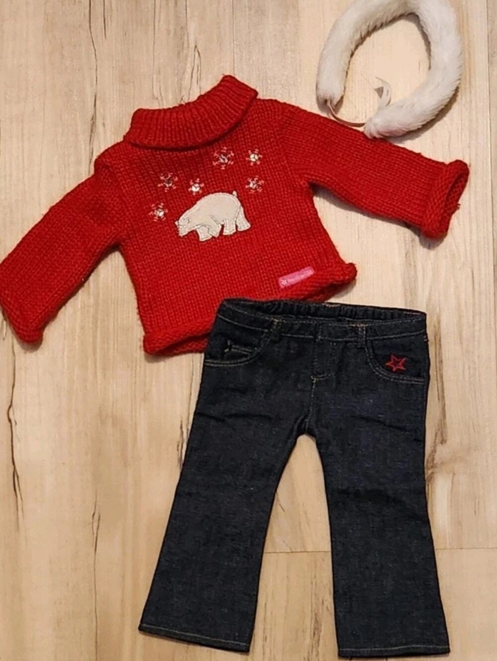 American Girl Doll Polar Bear Sweater and Jeans With White Faux Fur Headband